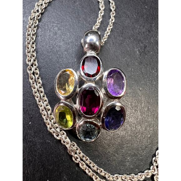 Vintage multi gemstone cluster pendant necklace in sterling silver - Picture 5 of 16